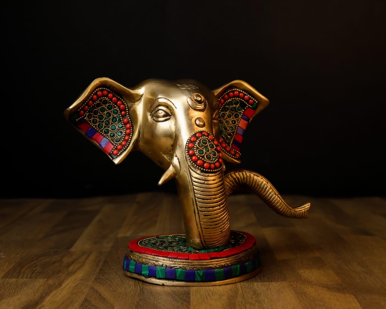Mridaya Brass Ganesha Head Statue With Basestonework, 23 Cm Brass Ganesh Statue, Ganpati Idol, Good Luck Gift For New Beginnings